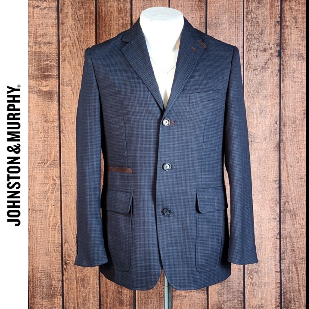 NWOT Suede Trimmed Blue Houndstooth 3 Button Double Vent Blazer